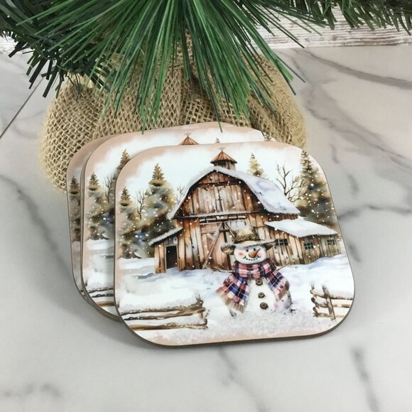 Rustic Country Snowman Wood Hardboard Coasters Set of 4 - Picture 1 of 9